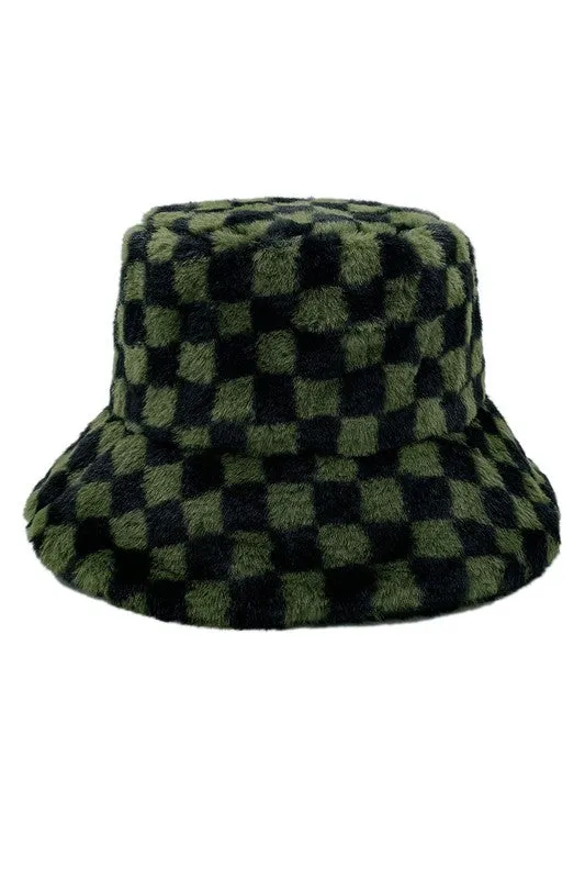 Checkered Printed Fur Bucket Hat