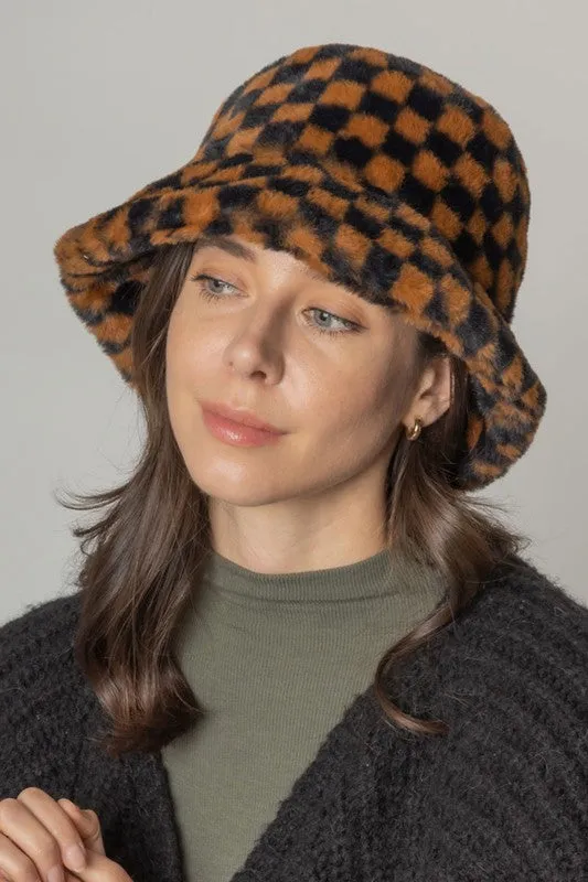 Checkered Printed Fur Bucket Hat