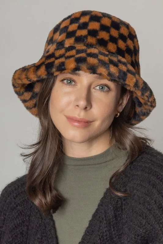 Checkered Printed Fur Bucket Hat
