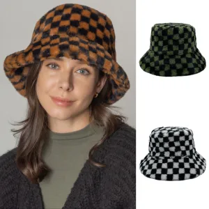 Checkered Printed Fur Bucket Hat