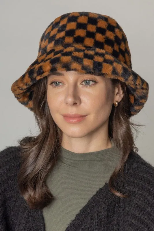 Checkered Printed Fur Bucket Hat