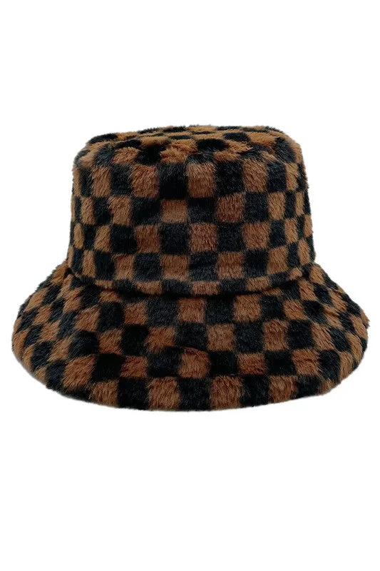 Checkered Printed Fur Bucket Hat