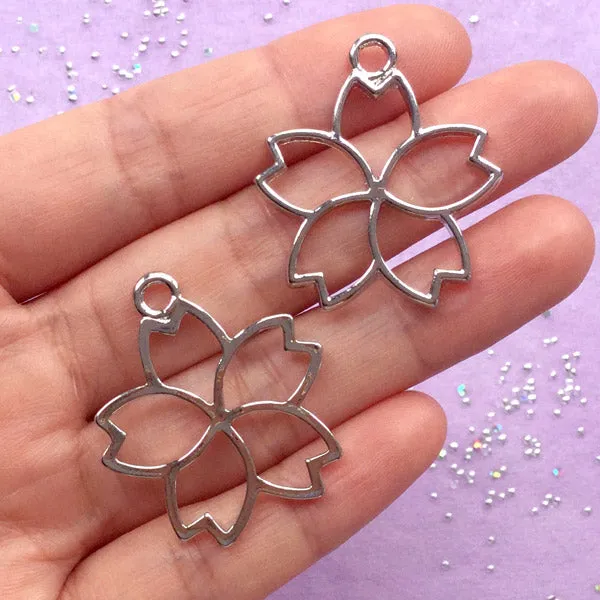 Cherry Blossom Open Backed Bezel | Sakura Deco Frame for UV Resin Filling | Outlined Floral Charm (2 pcs / Silver / 29mm x 33mm)