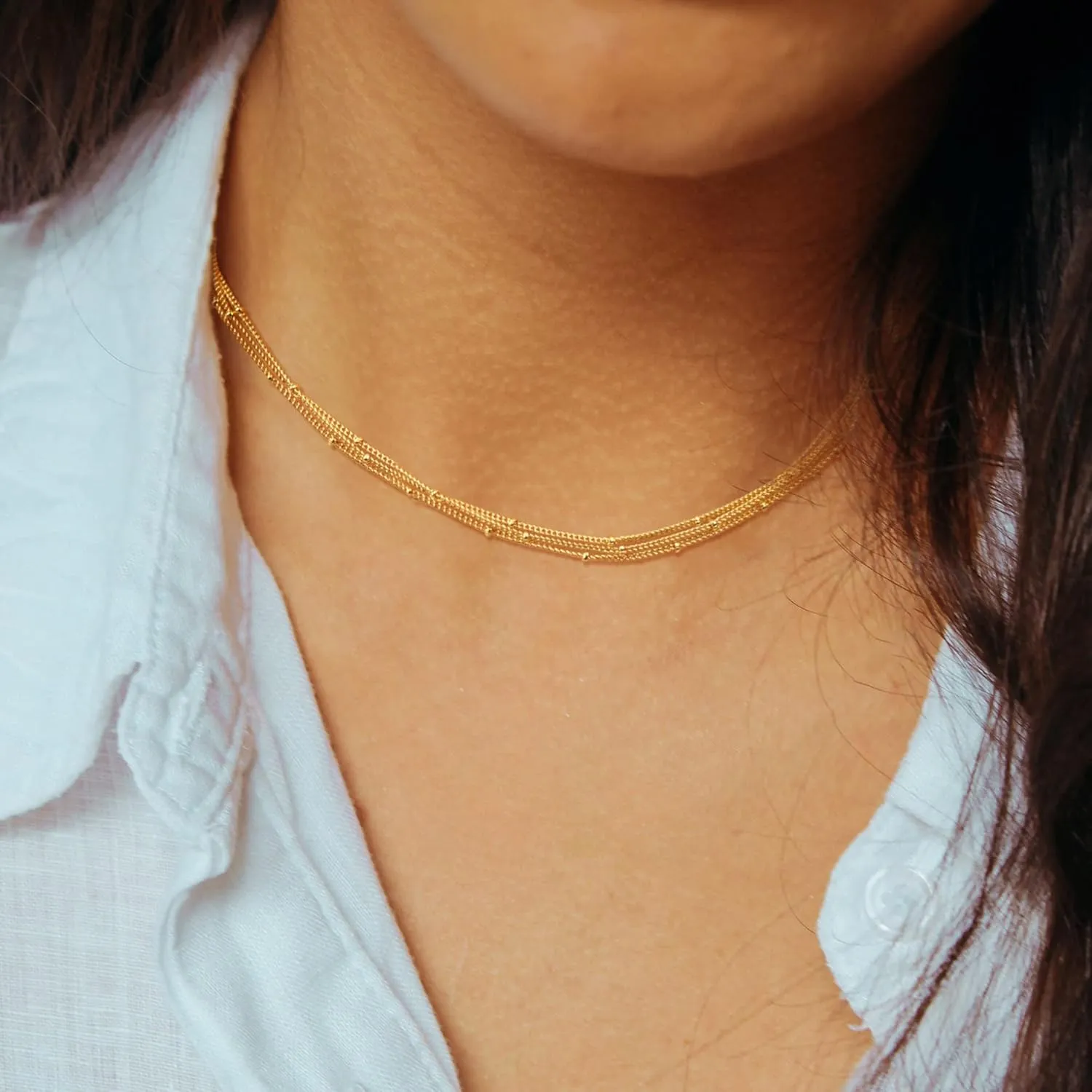 CHESKY Dainty Gold Necklace for Women, Trendy 14k Gold Plated/Sterling Silver Satellite Choker Necklace Thin Beaded Layered Choker Necklaces Discs Paperclip Chain Necklaces Womens Simple Jewelry Gift