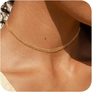 CHESKY Dainty Gold Necklace for Women, Trendy 14k Gold Plated/Sterling Silver Satellite Choker Necklace Thin Beaded Layered Choker Necklaces Discs Paperclip Chain Necklaces Womens Simple Jewelry Gift