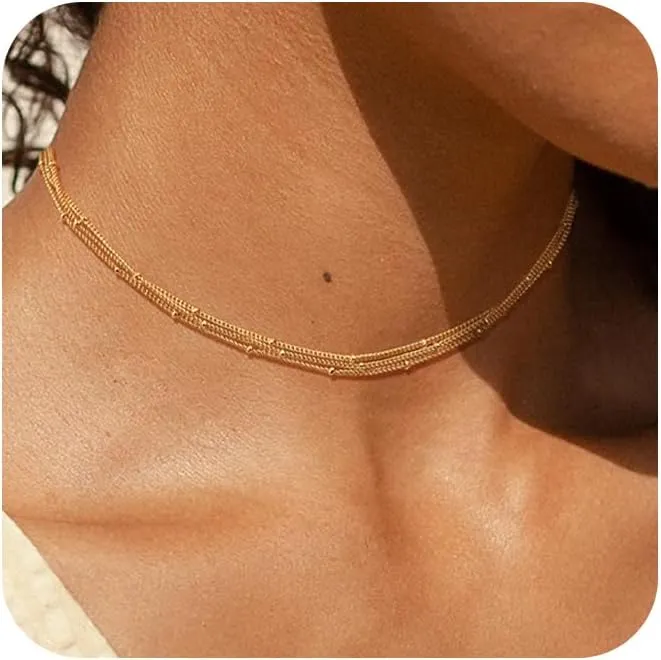 CHESKY Dainty Gold Necklace for Women, Trendy 14k Gold Plated/Sterling Silver Satellite Choker Necklace Thin Beaded Layered Choker Necklaces Discs Paperclip Chain Necklaces Womens Simple Jewelry Gift