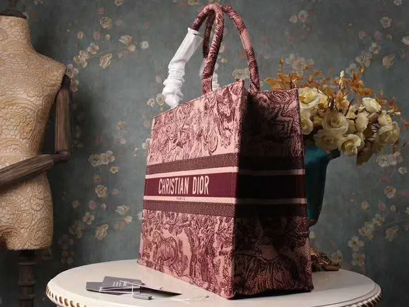 Christian Canvas Embroidered Large Dioriviera Toile De Jouy Book Tote Burgundy Hand Bag For Women Sauvage Embroidery Medium Bag For Women's Or Girls Bag - Best Casual Use Bag DR-7799-WBG