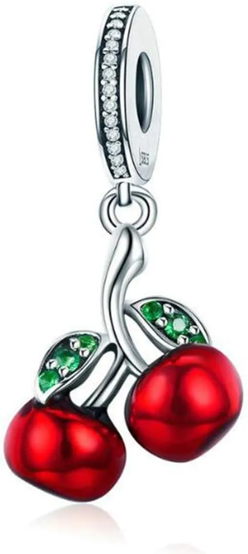 Christmas Apple Beads Red Enamel Charm 925 Sterling Silver Charms Apple with Clear Crystal Charm Fruit Lucky Birthstone Bead for Charm Bracelets (Red Cherry Charm)