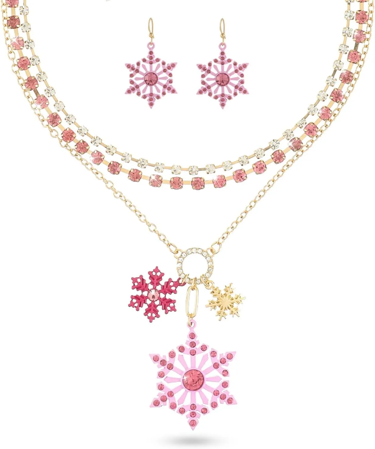 Christmas Neckalce Earrings Set for Women | Pink Snowflake Neckalce Earrings Set for Women |Snowball Snowman Snowflake Bells Pendant Necklace | Holiday Xmas Party Jewelry Gift