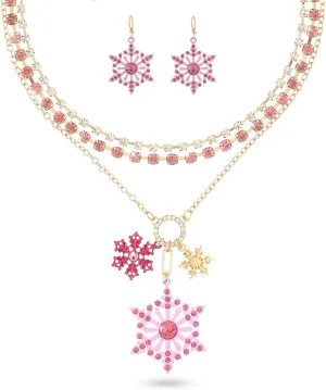 Christmas Neckalce Earrings Set for Women | Pink Snowflake Neckalce Earrings Set for Women |Snowball Snowman Snowflake Bells Pendant Necklace | Holiday Xmas Party Jewelry Gift