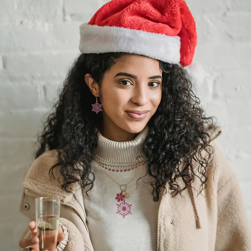 Christmas Neckalce Earrings Set for Women | Pink Snowflake Neckalce Earrings Set for Women |Snowball Snowman Snowflake Bells Pendant Necklace | Holiday Xmas Party Jewelry Gift