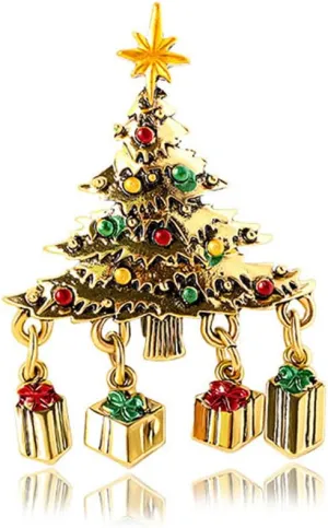 Christmas Tree Brooch Vintage Multi-Colored Unique Dangling Gift Box Pendant Brooch Wishing Tree Gold Plated Holiday Jewelry Wedding Party Xmas Dress Clothing Decorative Gift for Women Men Accessories