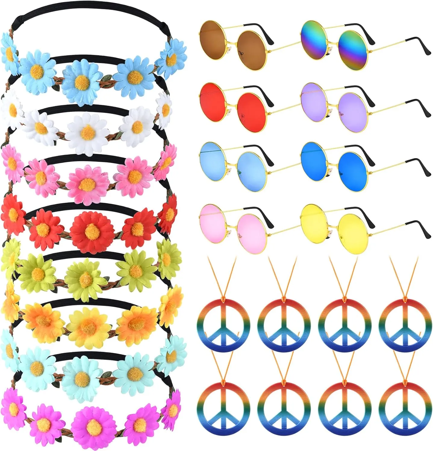 CHRORINE 24 Pcs Hippie Costume Accessory Set for Hippie Party Decorations Includes Flower Headbands Round Hippie Sunglasses Peace Sign Necklace