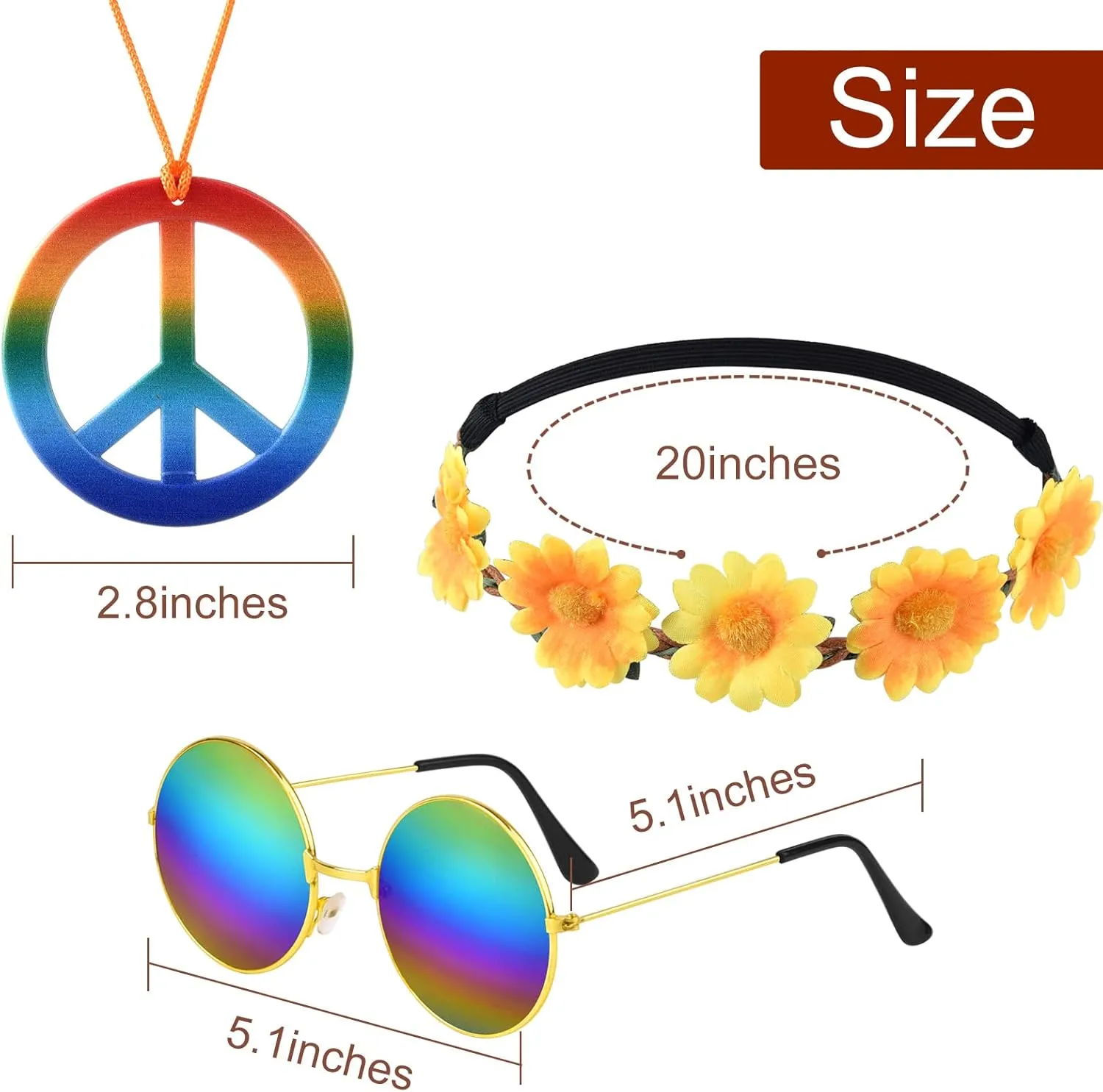 CHRORINE 24 Pcs Hippie Costume Accessory Set for Hippie Party Decorations Includes Flower Headbands Round Hippie Sunglasses Peace Sign Necklace