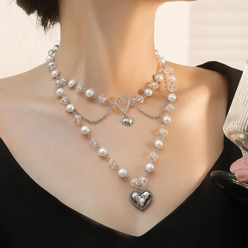 Chunky Gold Layered Pearl Choker Necklace for Women Trendy Multilayer Heart Pendant Necklace Dainty Link Chain Necklace Birthday Jewelry Gifts