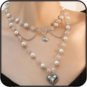 Chunky Gold Layered Pearl Choker Necklace for Women Trendy Multilayer Heart Pendant Necklace Dainty Link Chain Necklace Birthday Jewelry Gifts