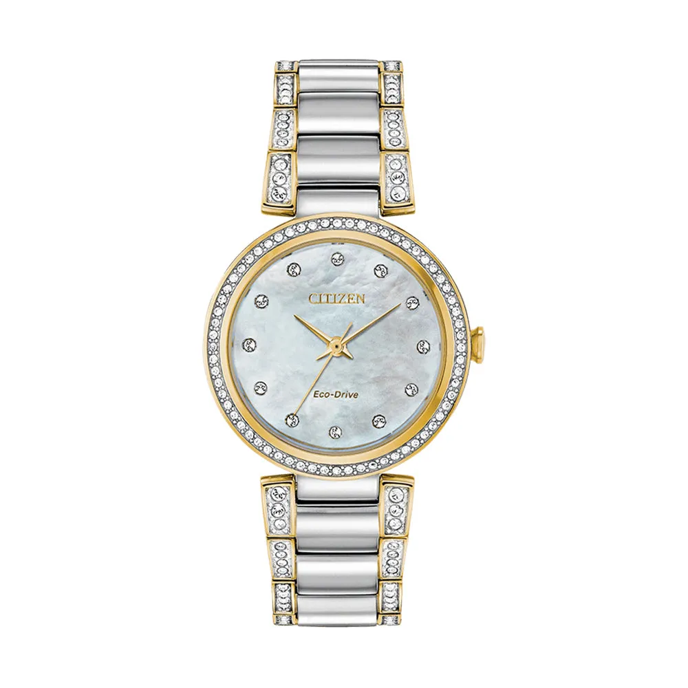 Citizen Eco Drive Women's Silhouette Crystal Accent Two Tone Mother-of-Pearl Quartz Dial Watch - EM0844-59D
