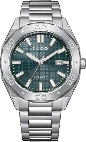 Citizen Men's Eco-Drive Sport Casual Weekender Silver Stainless Steel Watch, 3 Hand, Date, Patterned Green Dial (Model:BM7630-80X)