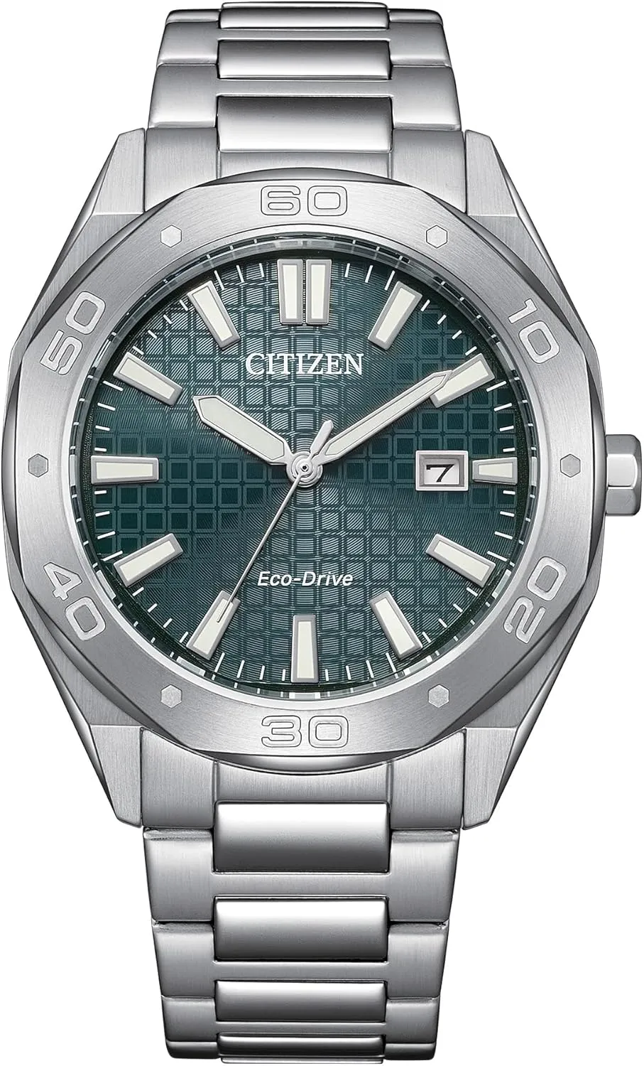 Citizen Men's Eco-Drive Sport Casual Weekender Silver Stainless Steel Watch, 3 Hand, Date, Patterned Green Dial (Model:BM7630-80X)