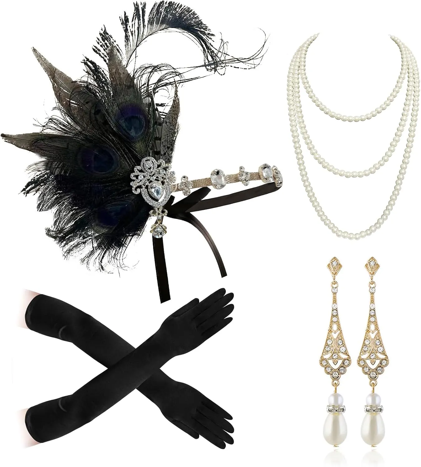 Cizoe 1920s Flapper Accessories Set for Women, Great Gatsby Headband Headpiece Roaring 20s Flapper Costume Accessories Set