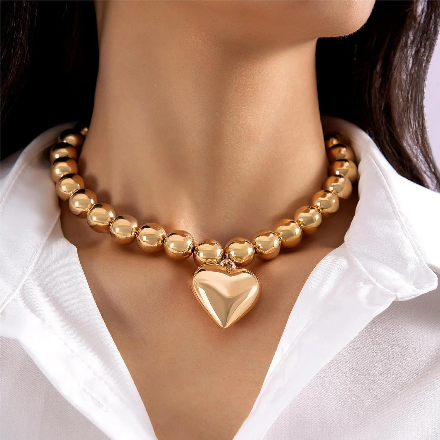CJIAYUJEW Black Layered Necklace Paperclip Gold Silver Chain Necklaces Stack Coin Heart Chunky Gold Pendant Necklace Dainty Cuban Chain Jewelry