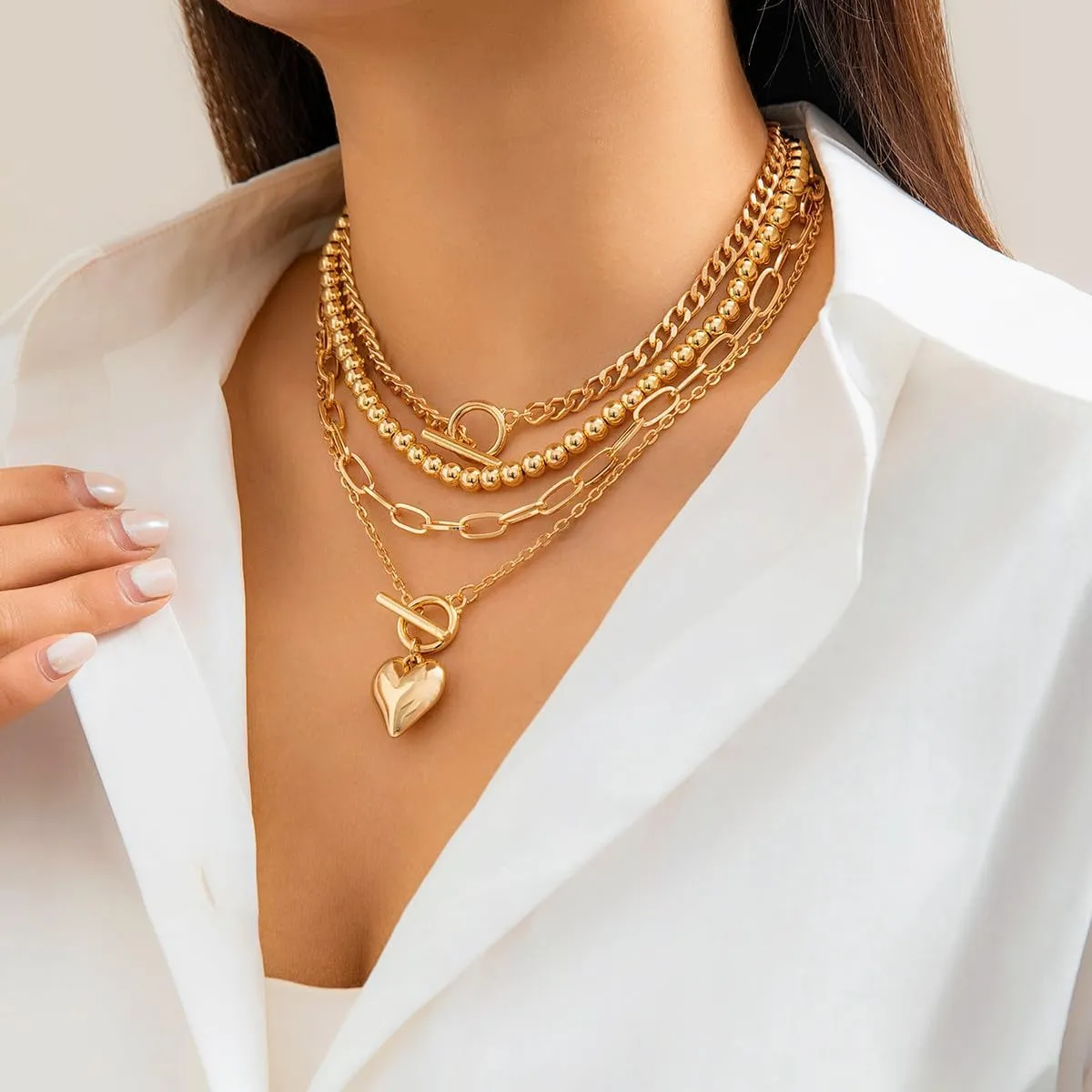 CJIAYUJEW Black Layered Necklace Paperclip Gold Silver Chain Necklaces Stack Coin Heart Chunky Gold Pendant Necklace Dainty Cuban Chain Jewelry