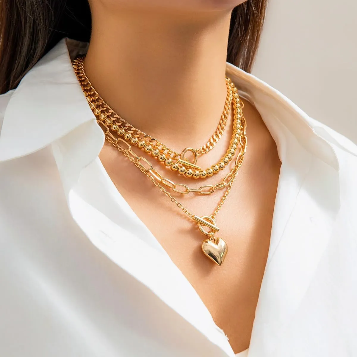 CJIAYUJEW Black Layered Necklace Paperclip Gold Silver Chain Necklaces Stack Coin Heart Chunky Gold Pendant Necklace Dainty Cuban Chain Jewelry
