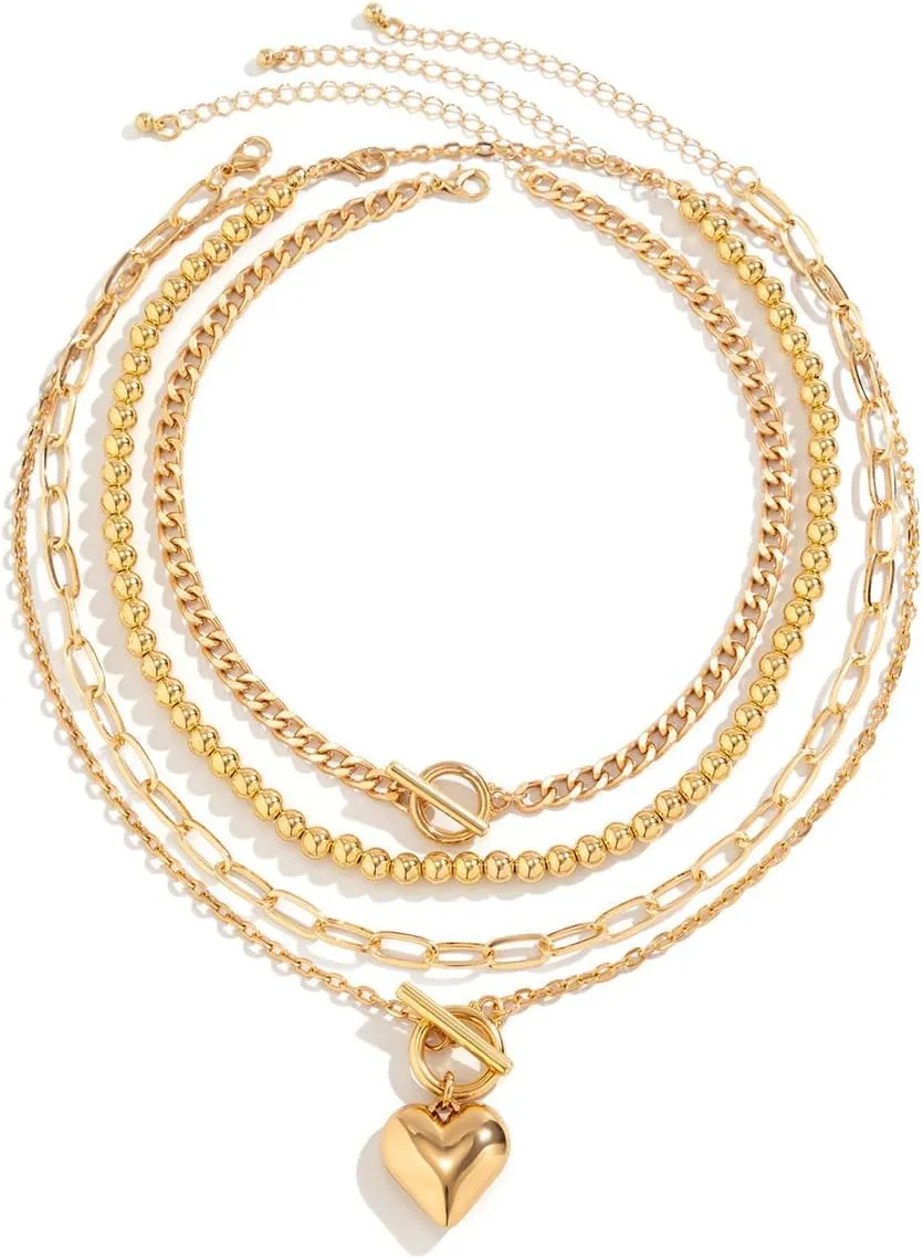CJIAYUJEW Black Layered Necklace Paperclip Gold Silver Chain Necklaces Stack Coin Heart Chunky Gold Pendant Necklace Dainty Cuban Chain Jewelry