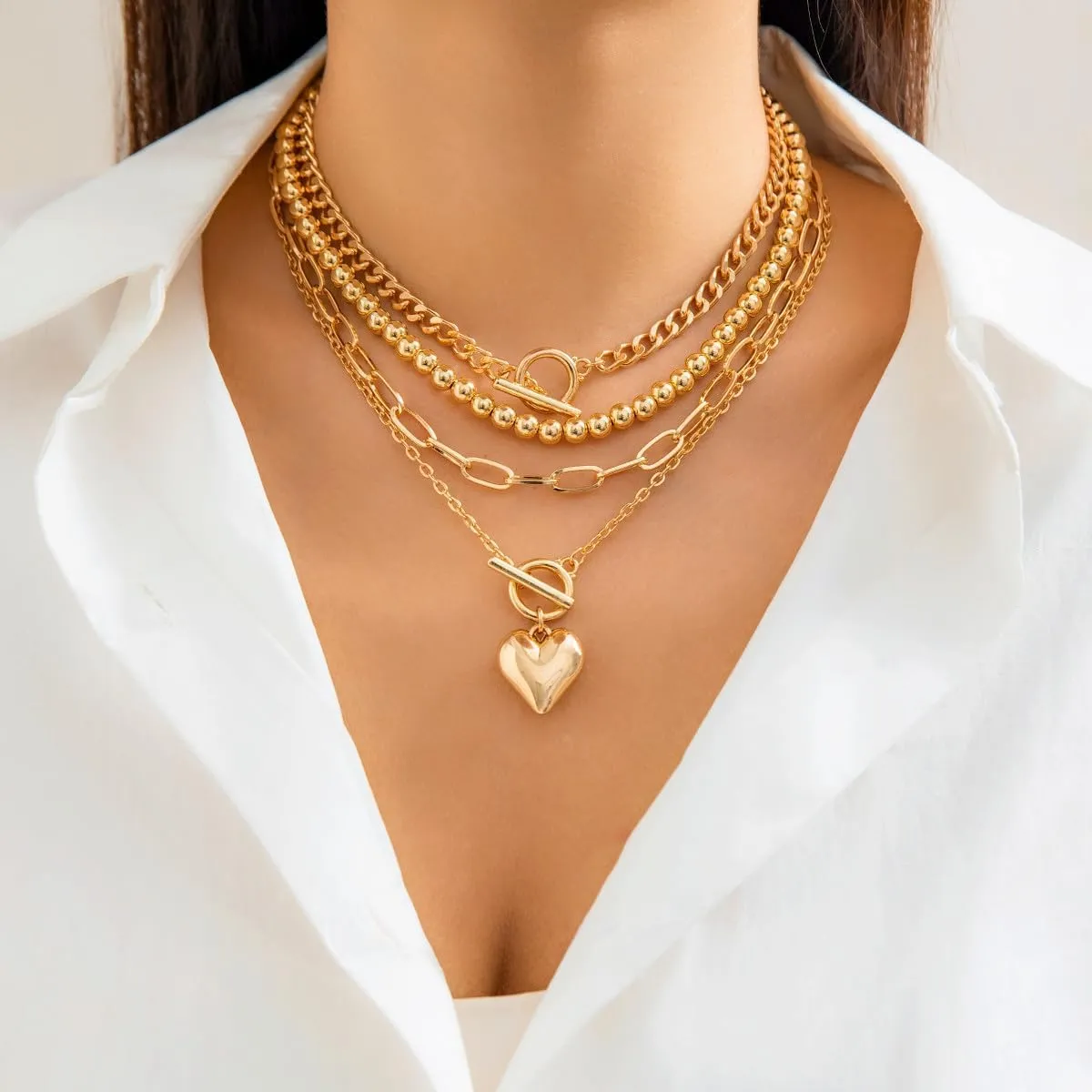 CJIAYUJEW Black Layered Necklace Paperclip Gold Silver Chain Necklaces Stack Coin Heart Chunky Gold Pendant Necklace Dainty Cuban Chain Jewelry