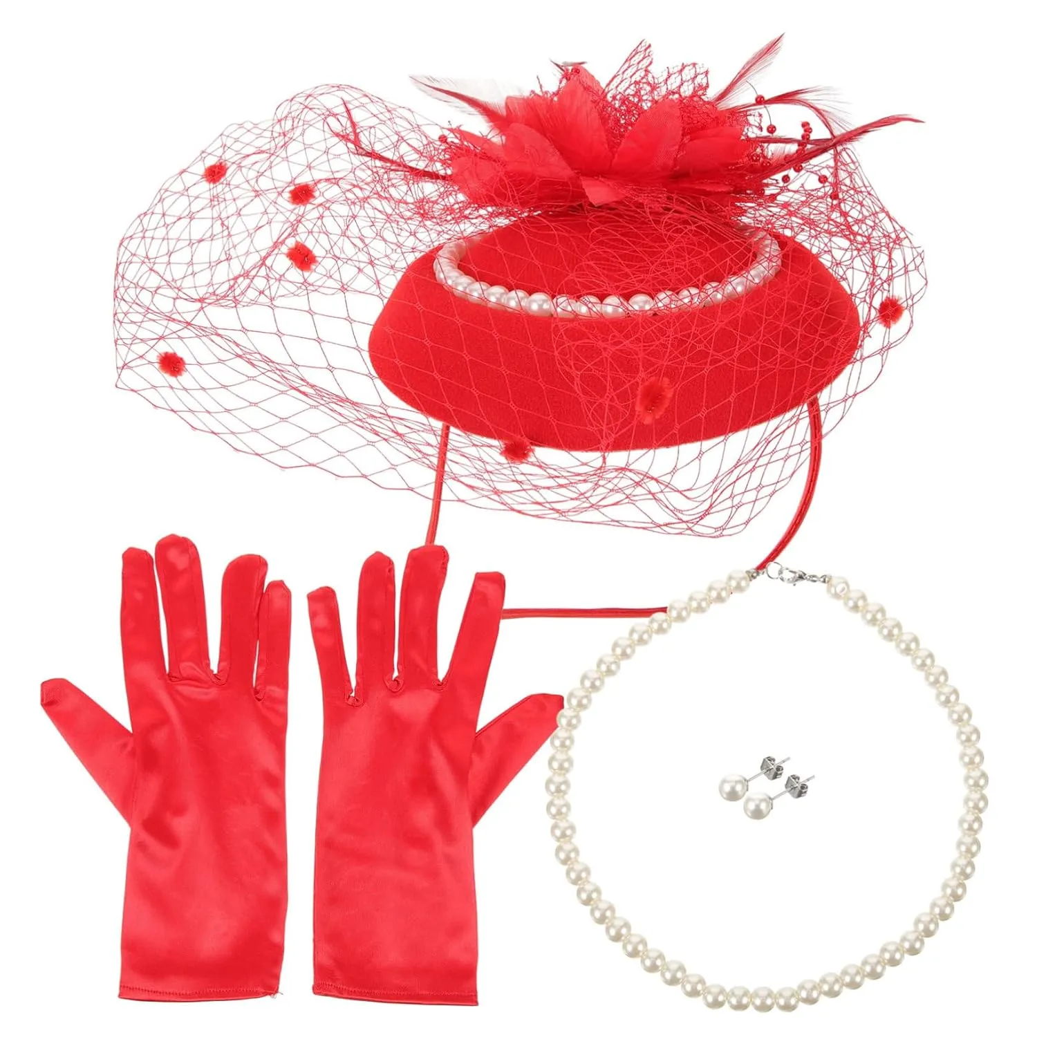 Classic Pearl Hat Jewelry Set for Women Fascinator Cocktail Party Hat Tea Party Headband Bridal Wedding Accessory Mesh Veil Headpiece