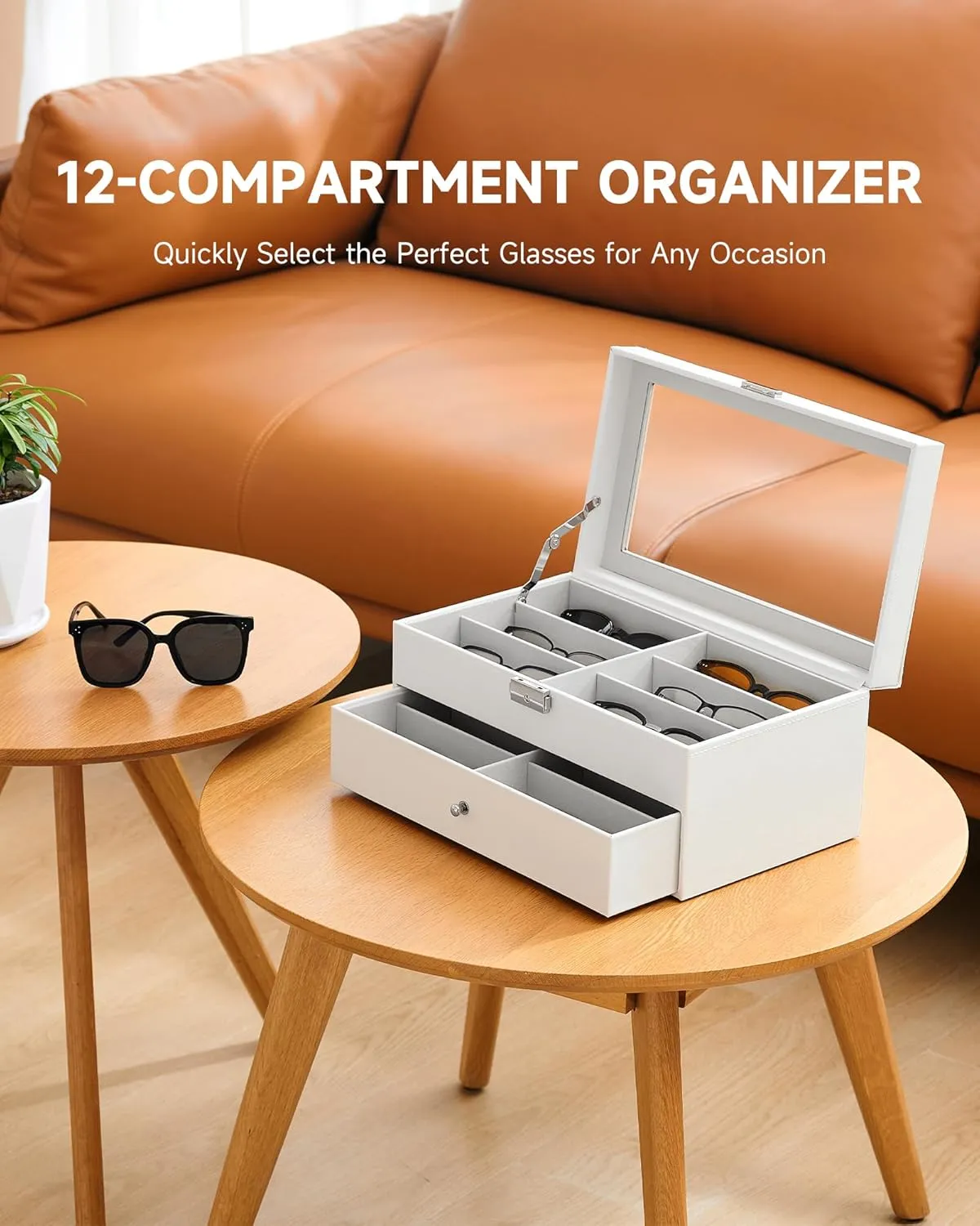 CO-Z Sunglasses Organizer with 12 Slots, Leather Eyeglasses Storage Box for Women Men, 2 Story Lockable Display Case for Multiple Glasses, Sunglasses Jewelry Collection Holder with Drawer, White