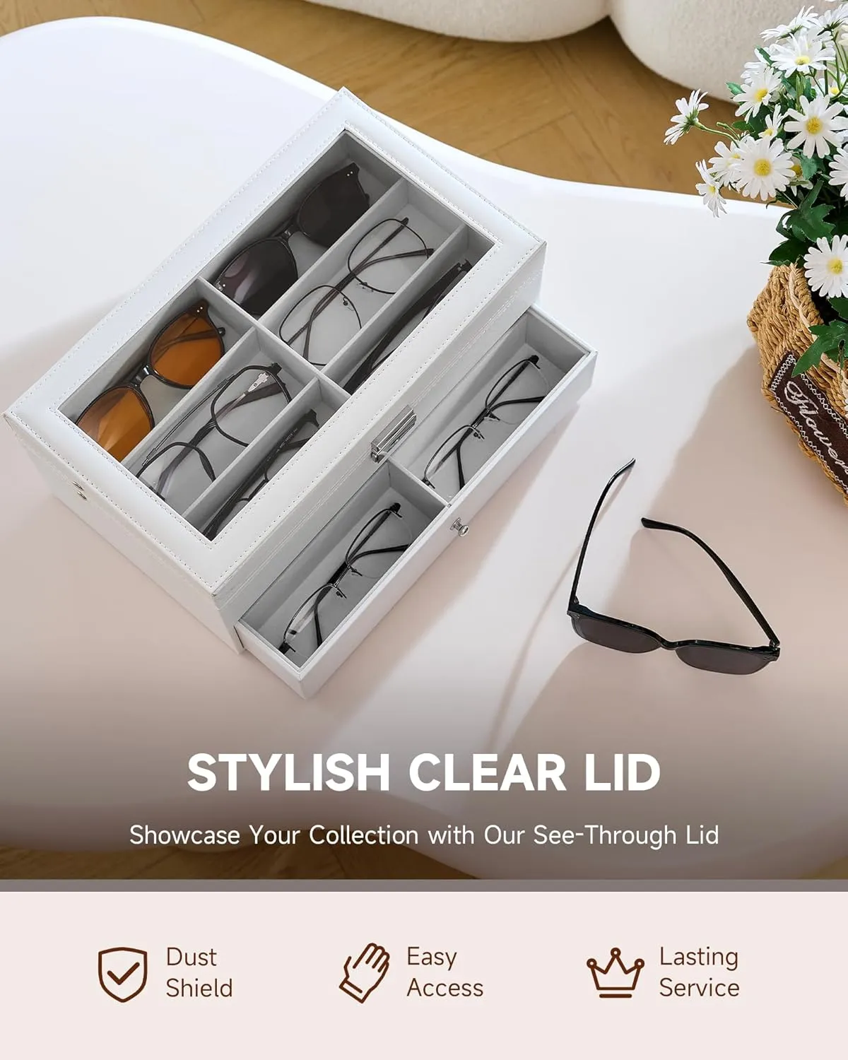 CO-Z Sunglasses Organizer with 12 Slots, Leather Eyeglasses Storage Box for Women Men, 2 Story Lockable Display Case for Multiple Glasses, Sunglasses Jewelry Collection Holder with Drawer, White
