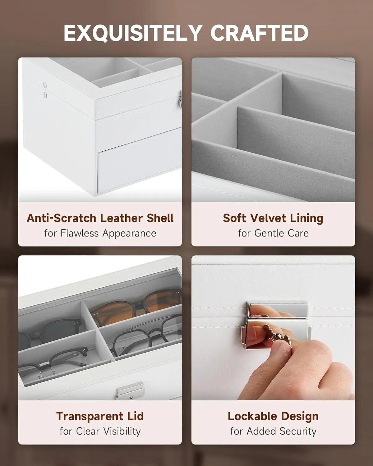 CO-Z Sunglasses Organizer with 12 Slots, Leather Eyeglasses Storage Box for Women Men, 2 Story Lockable Display Case for Multiple Glasses, Sunglasses Jewelry Collection Holder with Drawer, White