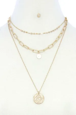 Coin Pendant Oval Link Layered Necklace
