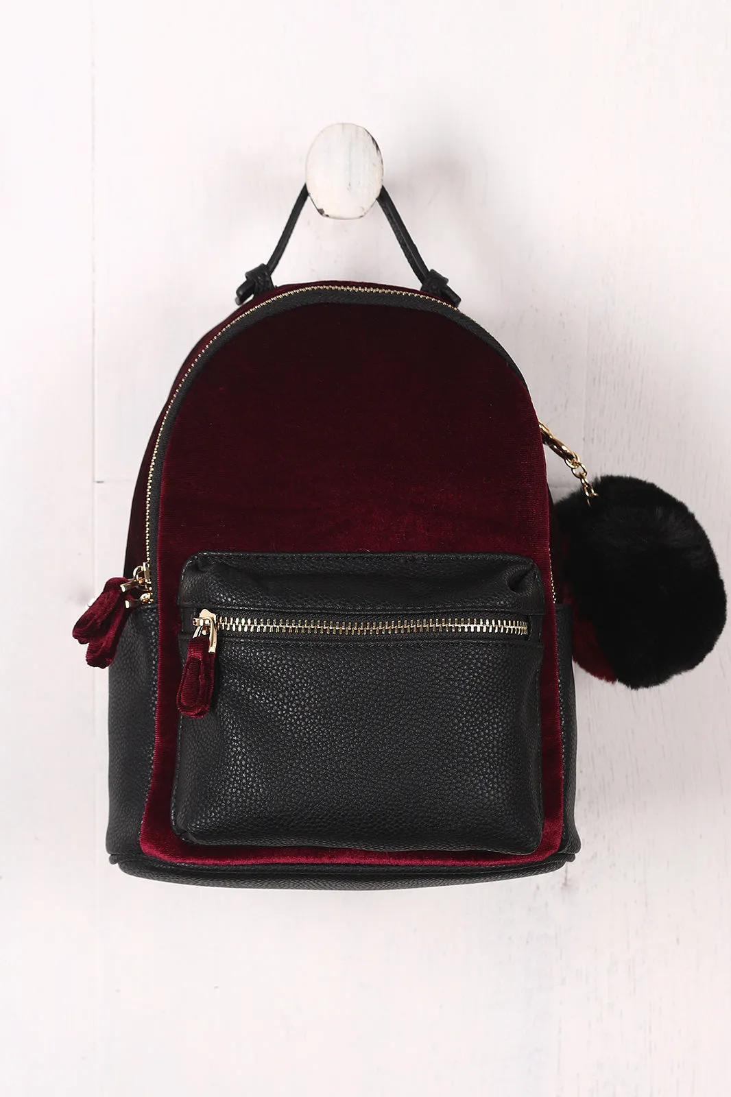 Colorblock Velvet Pom Pom Mini Backpack