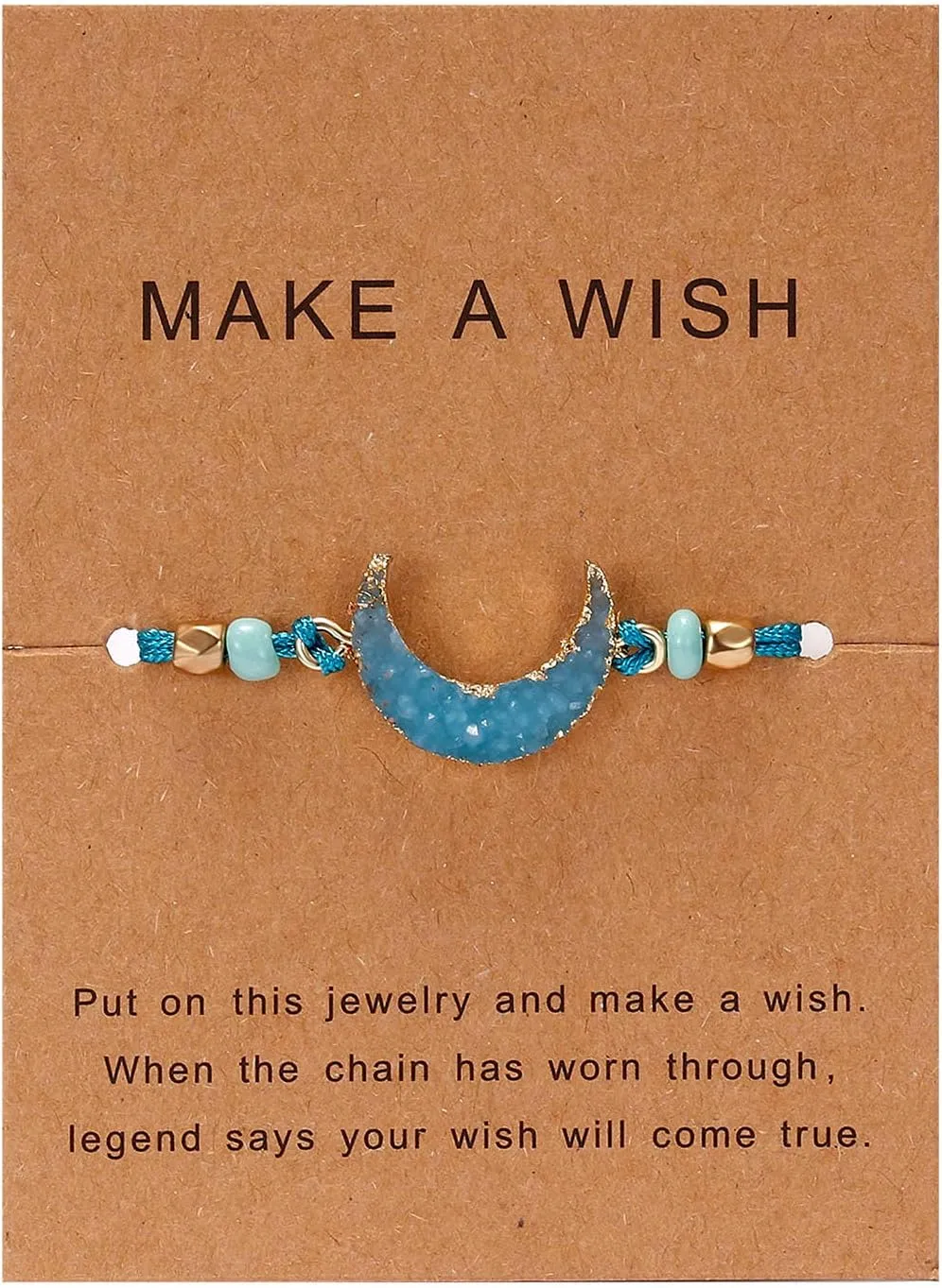 COLORFUL BLING 2pcs Resin Moon Crescent Round Natural Stone Bracelets Set Friendship Hand Woven Braided Stretch String Adjustable for Couples Lovers Personalized Wish Card Jewelry