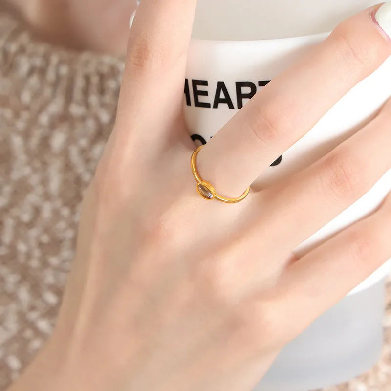 Colorful Spar Inlay Titanium Steel Gold-Plated Thin Ring - Korean Style Women's Jewelry