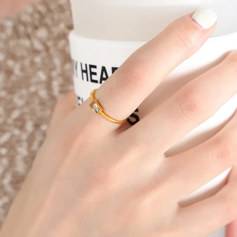 Colorful Spar Inlay Titanium Steel Gold-Plated Thin Ring - Korean Style Women's Jewelry