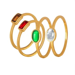 Colorful Spar Inlay Titanium Steel Gold-Plated Thin Ring - Korean Style Women's Jewelry