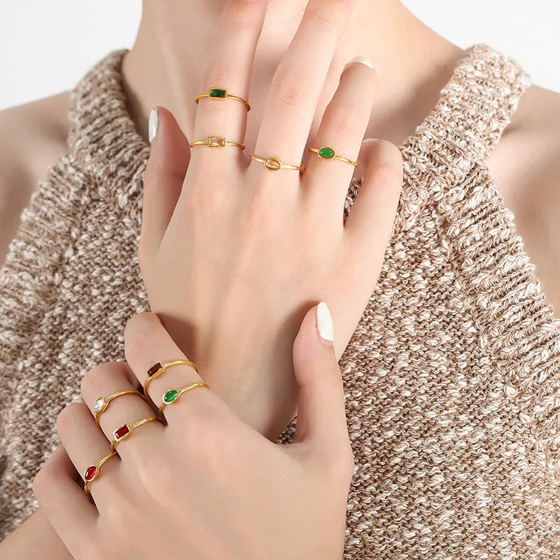 Colorful Spar Inlay Titanium Steel Gold-Plated Thin Ring - Korean Style Women's Jewelry