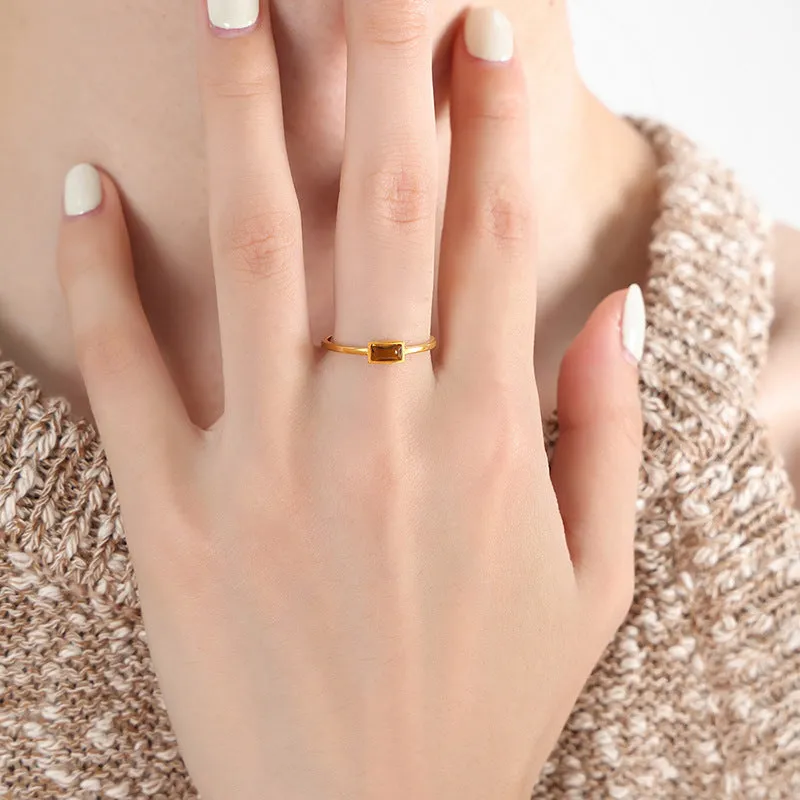 Colorful Spar Inlay Titanium Steel Gold-Plated Thin Ring - Korean Style Women's Jewelry