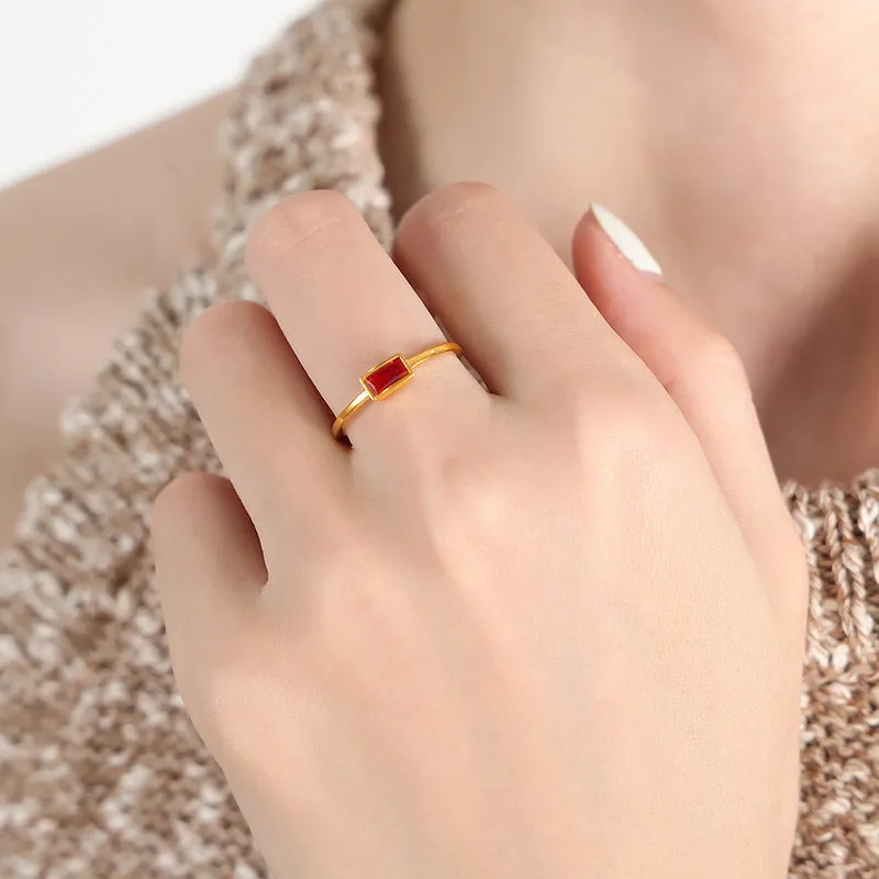 Colorful Spar Inlay Titanium Steel Gold-Plated Thin Ring - Korean Style Women's Jewelry