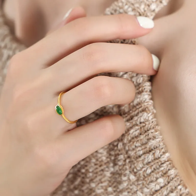 Colorful Spar Inlay Titanium Steel Gold-Plated Thin Ring - Korean Style Women's Jewelry