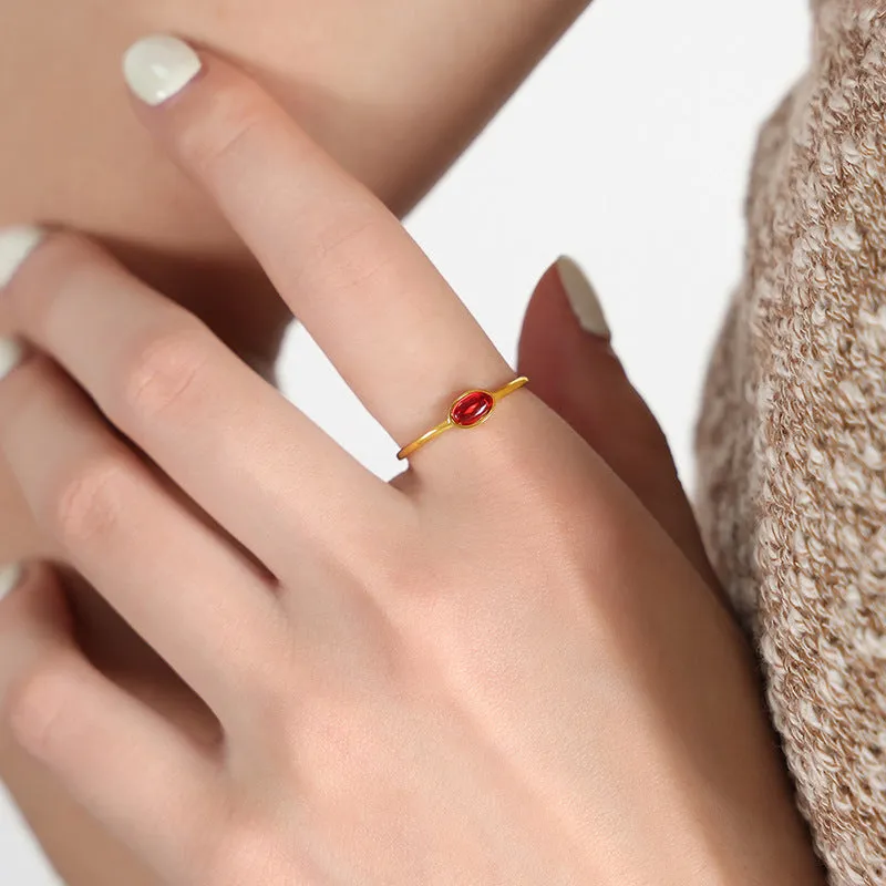 Colorful Spar Inlay Titanium Steel Gold-Plated Thin Ring - Korean Style Women's Jewelry