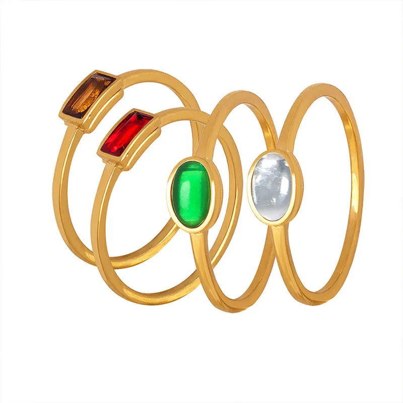 Colorful Spar Inlay Titanium Steel Gold-Plated Thin Ring - Korean Style Women's Jewelry