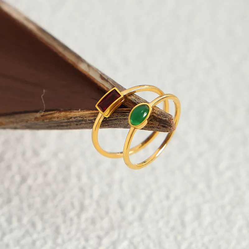 Colorful Spar Inlay Titanium Steel Gold-Plated Thin Ring - Korean Style Women's Jewelry