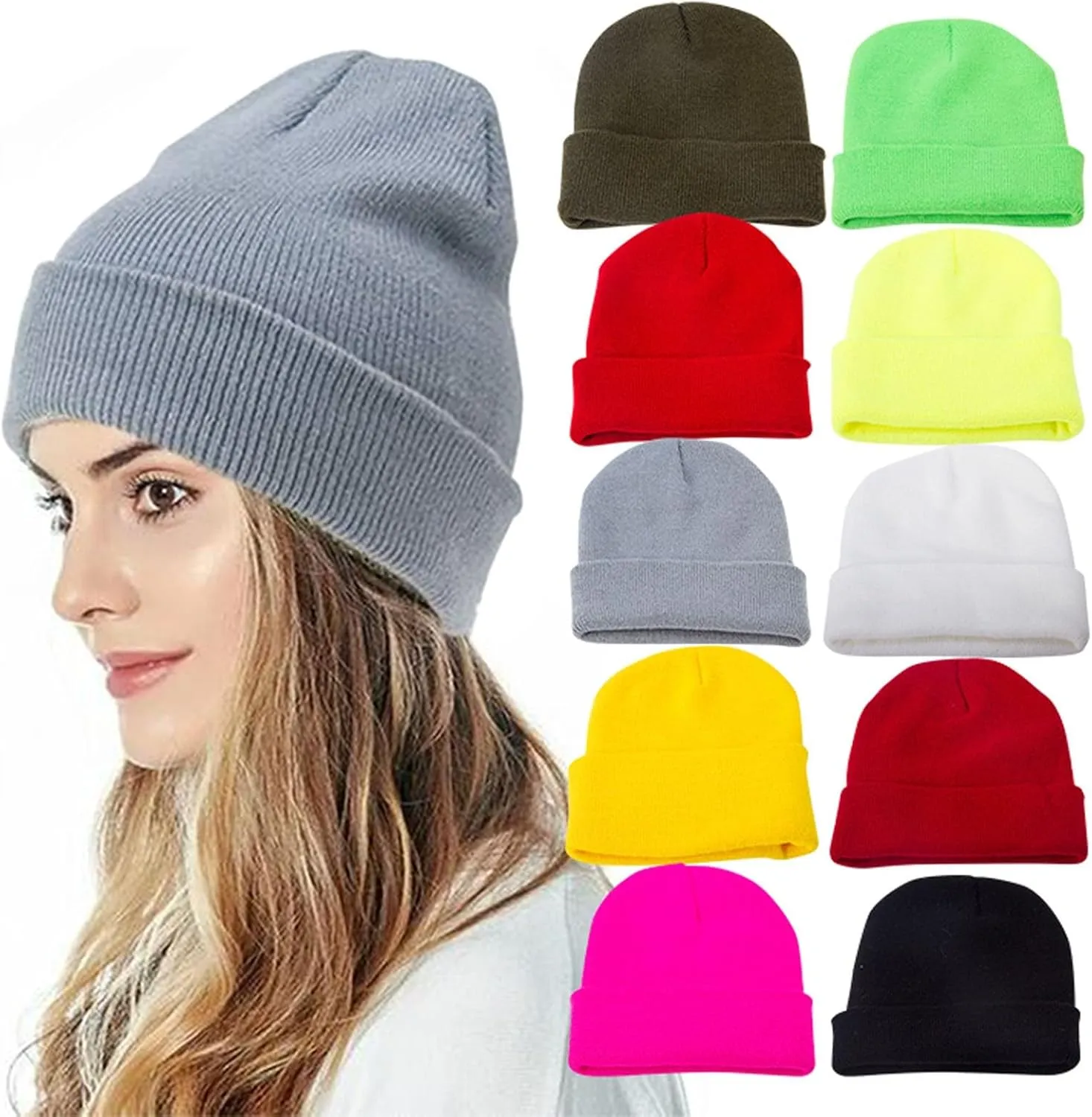 Comfortable Soft Daily Slouchy Beanie Winter Ski Baggy Hat Unisex Various Styles Roll Up Edge Ribbed Watch Cap