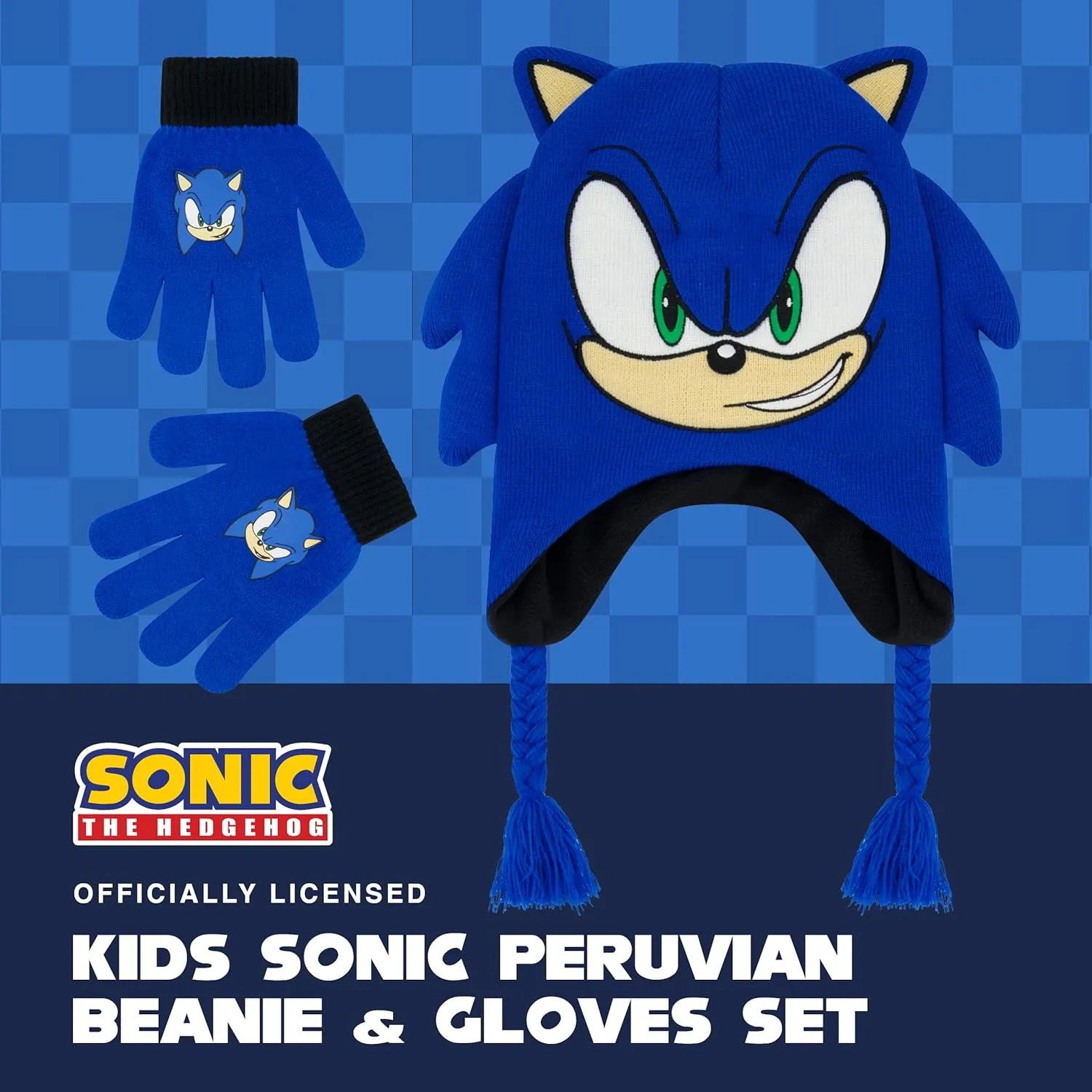 Concept One Sonic The Hedgehog Beanie Hat and Glove Set, Kids Knitted Winter Hat and Gloves