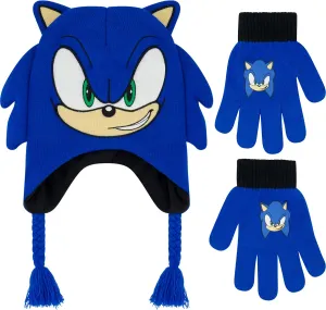 Concept One Sonic The Hedgehog Beanie Hat and Glove Set, Kids Knitted Winter Hat and Gloves