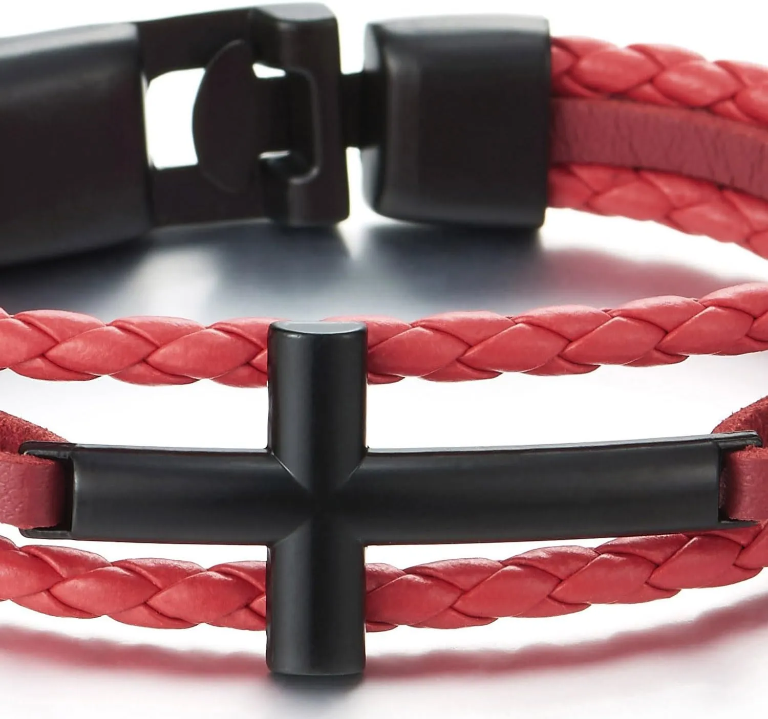 COOLSTEELANDBEYOND Black Horizontal Sideway Lateral Cross Brown Braided Leather Bangle Bracelet for Men Women Wristband